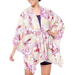 Lands End Pink Floral Viscose Tie Waist Swim Coverup Beach Kimono OS